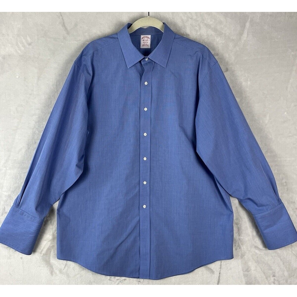 BROOKS BROTHER Dress Shirt Men 17 1/2-34 Blue Madison Fit Non-Iron Barrel Cuff
